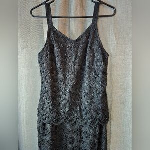 '90s Black Floral Lace Sequin Fully Beaded Pencil Maxi Evening Dress Sz Large